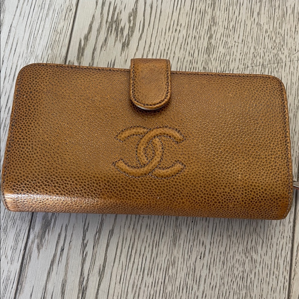 CHANEL Gold Caviar Leather Wallet with Embossed Logo